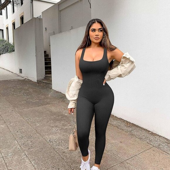 Women Workout Seamless Jumpsuit Yoga Ribbed Bodycon One Piece Tank Top Leggings - Picture 2 of 5